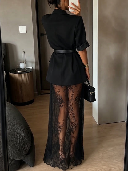 Blazer Nero a Maniche Corte & Abito Maxi Slip in Pizzo Floreale Trasparente Set a Due Pezzi (con cintura)
