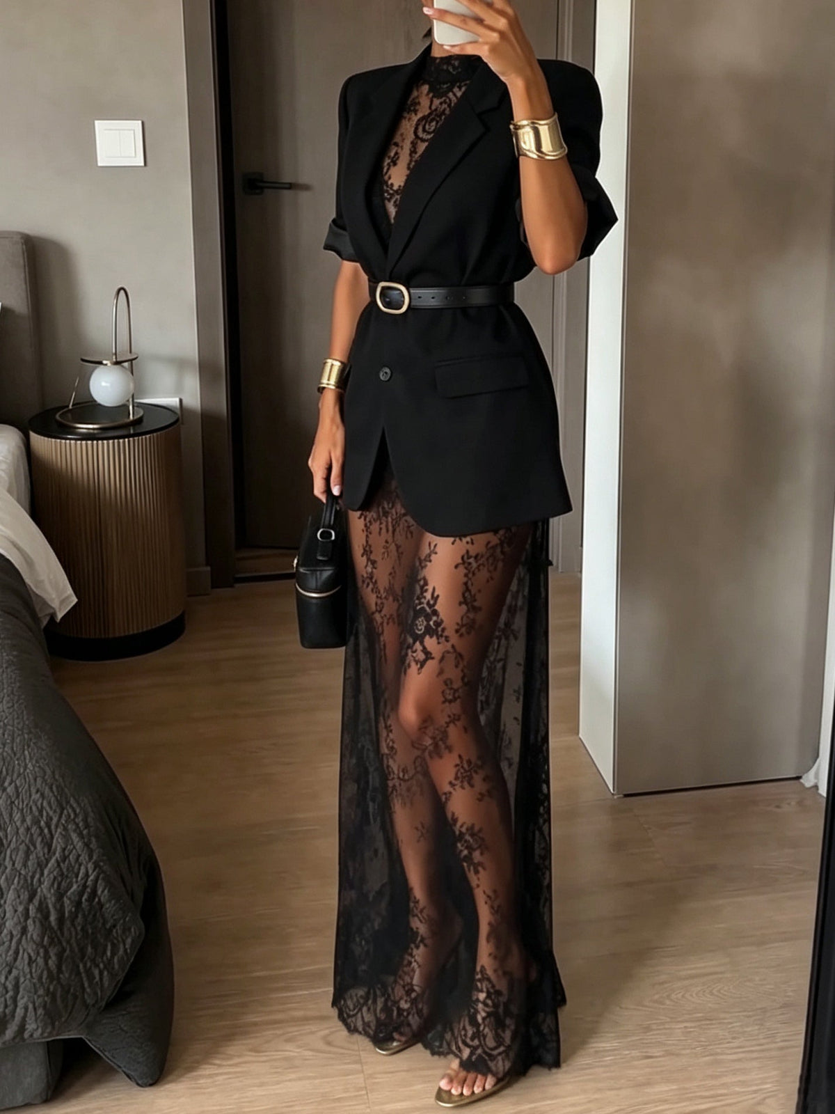 Blazer Nero a Maniche Corte & Abito Maxi Slip in Pizzo Floreale Trasparente Set a Due Pezzi (con cintura)