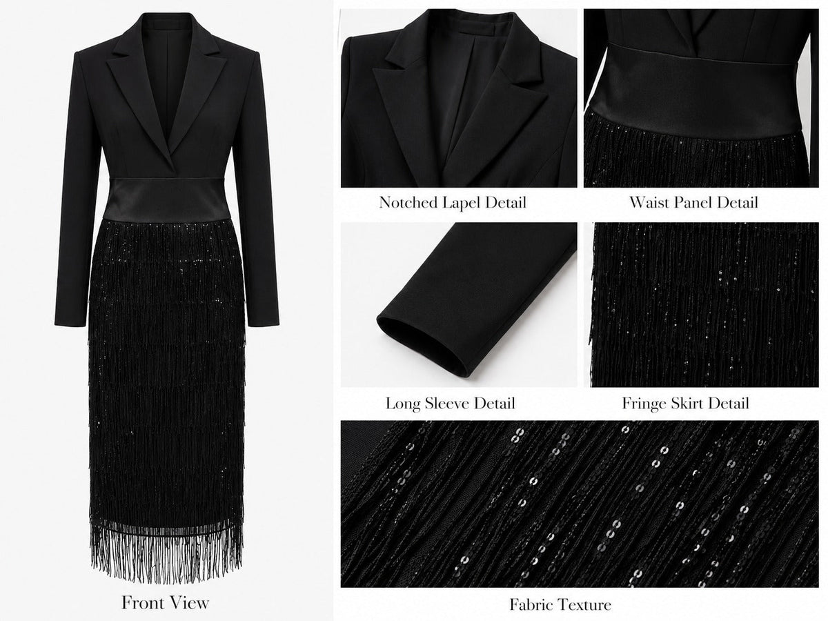 Abito Midi con Corpino in Blazer Nero e Frange di Paillettes