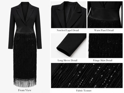 Abito Midi con Corpino in Blazer Nero e Frange di Paillettes