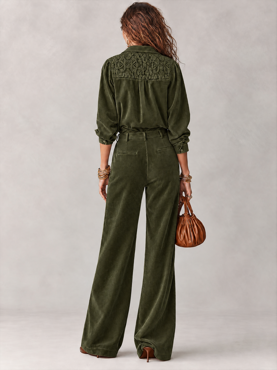 Savina | Completo Camicia e Pantalone in Velluto a Coste con Dettagli in Pizzo, Verde Oliva