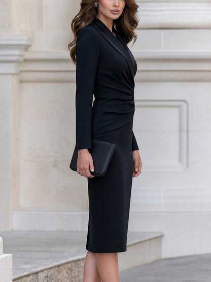 Abito Midi Blazer Ruché con Collo a Revers e Maniche Lunghe Nero