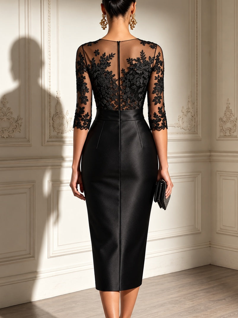 Abito Midi in Raso con Maniche in Tulle e Pizzo Nero