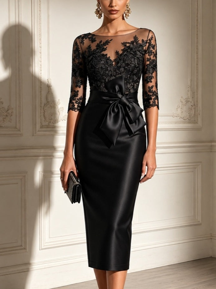 Abito Midi in Raso con Maniche in Tulle e Pizzo Nero