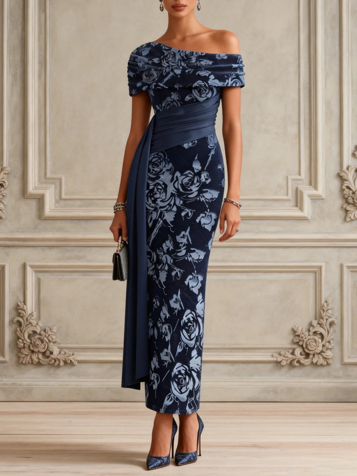 Abito Maxi Bodycon in Velluto a Righe Blu con Spalle Scoperte e Maniche Corte