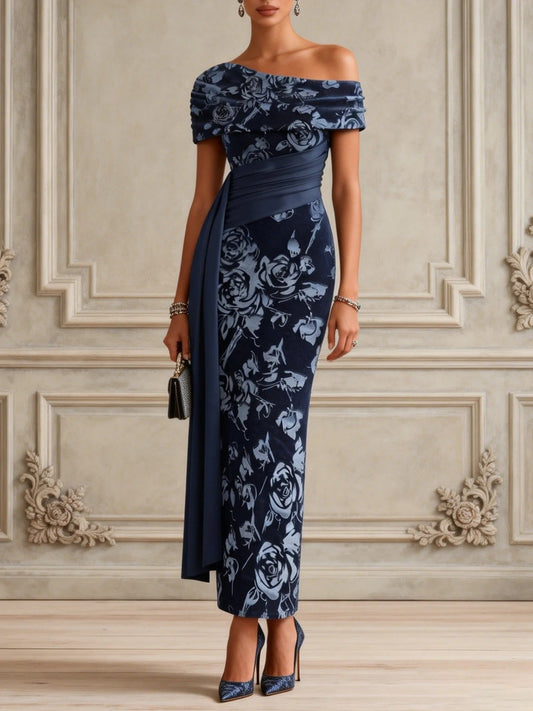 Abito Maxi Bodycon in Velluto a Righe Blu con Spalle Scoperte e Maniche Corte
