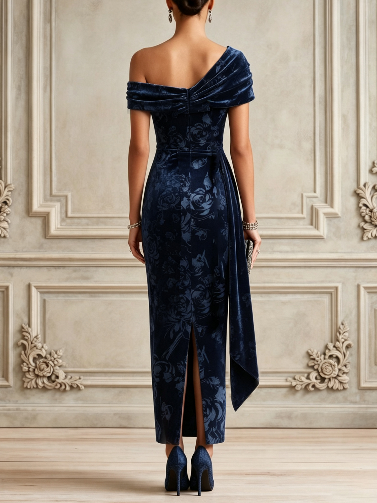Abito Maxi Bodycon in Velluto a Righe Blu con Spalle Scoperte e Maniche Corte