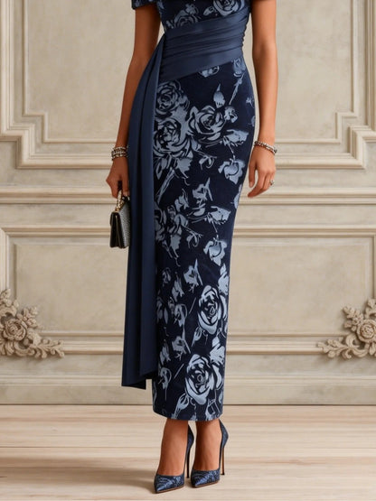 Abito Maxi Bodycon in Velluto a Righe Blu con Spalle Scoperte e Maniche Corte