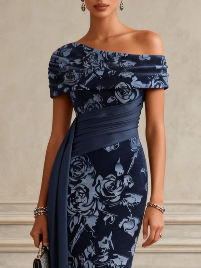 Abito Maxi Bodycon in Velluto a Righe Blu con Spalle Scoperte e Maniche Corte
