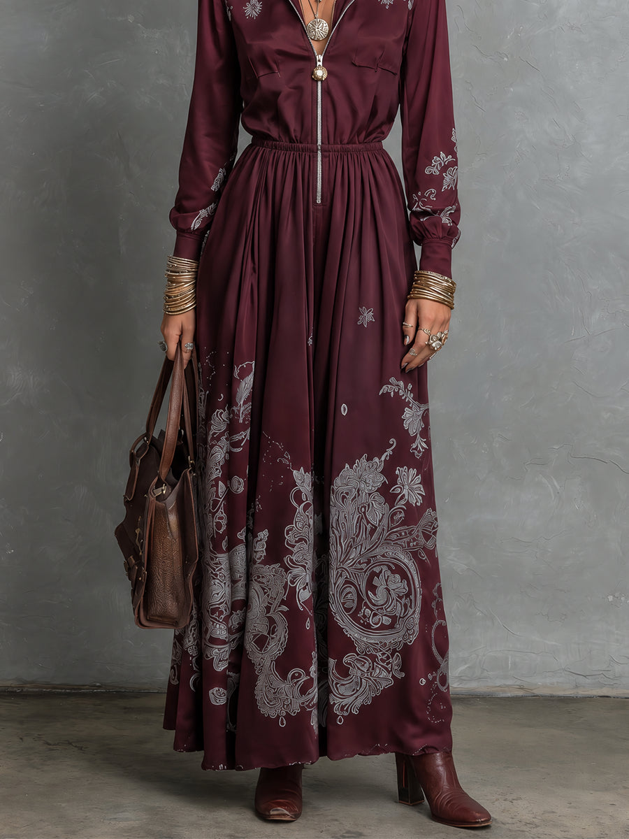 Lurea | Vestito Maxi con Stampa Paisley Vintage Borgogna