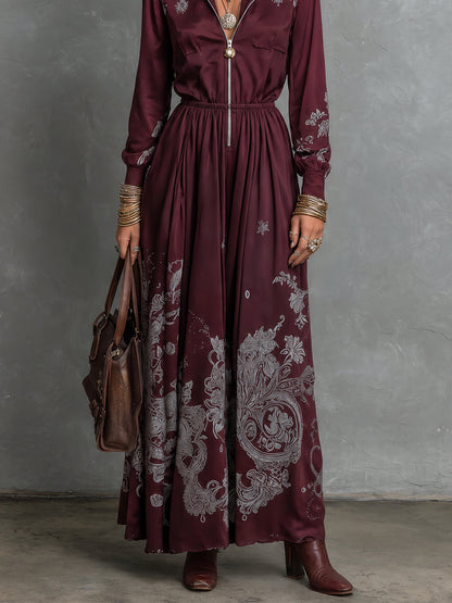 Lurea | Vestito Maxi con Stampa Paisley Vintage Borgogna