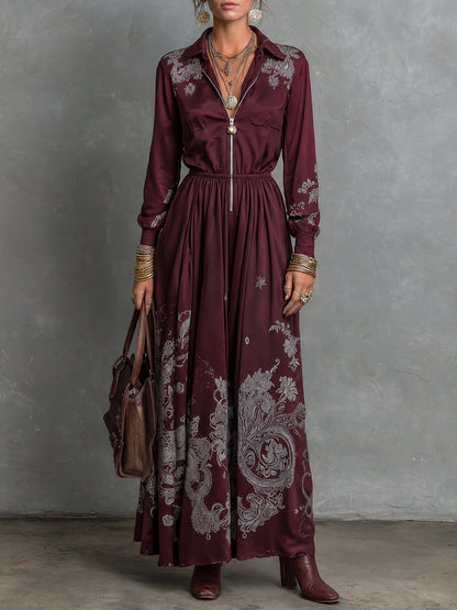Lurea | Vestito Maxi con Stampa Paisley Vintage Borgogna