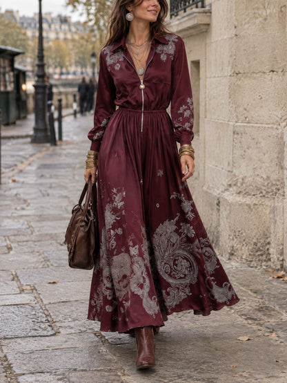 Lurea | Vestito Maxi con Stampa Paisley Vintage Borgogna