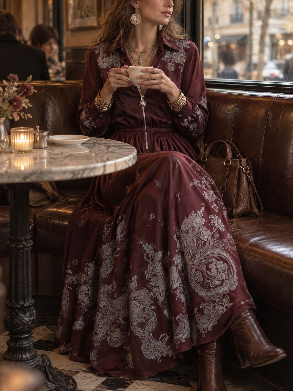 Lurea | Vestito Maxi con Stampa Paisley Vintage Borgogna