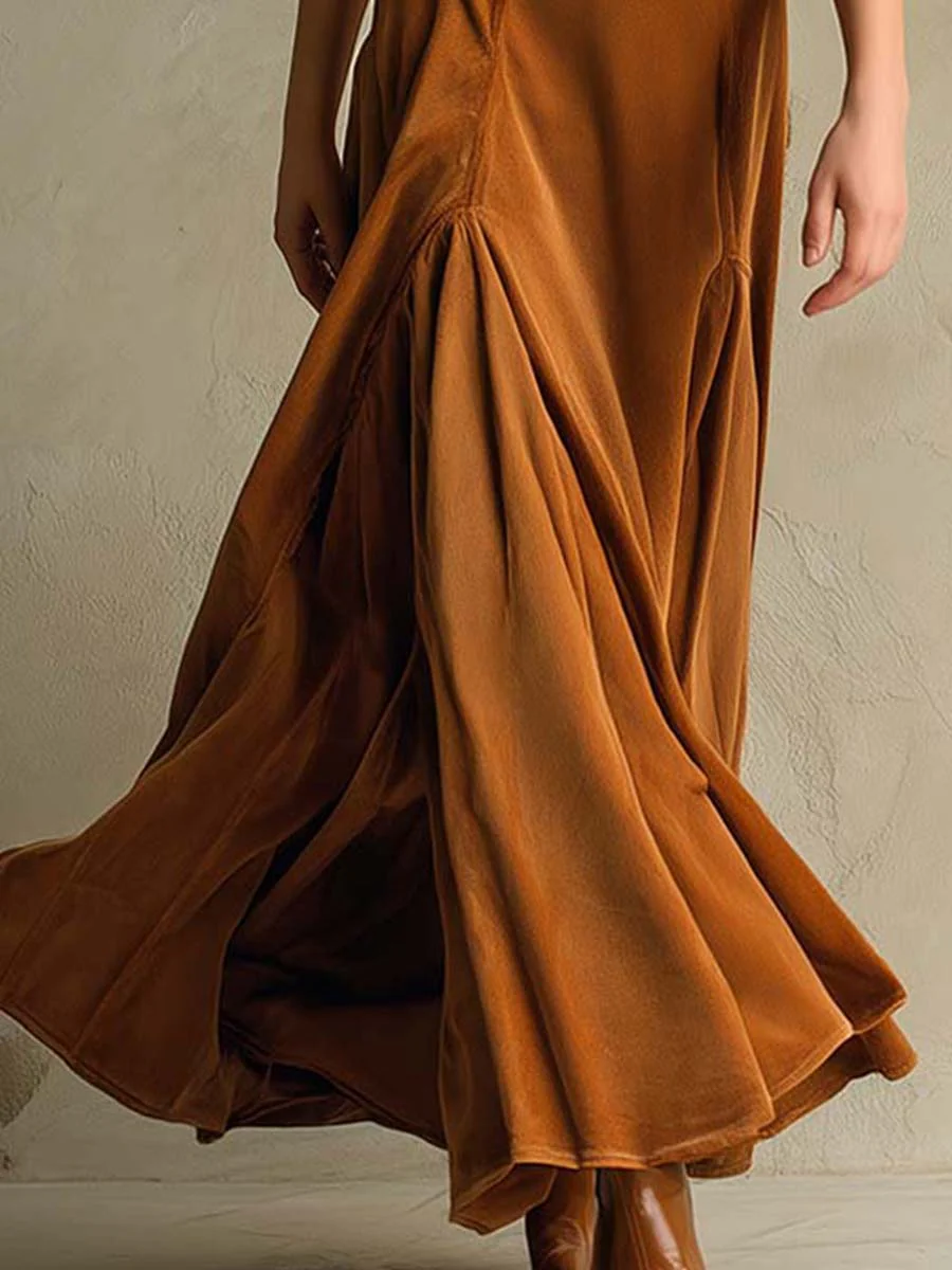 Miranda | Abito lungo in velluto elegante retro marrone con colletto
