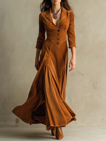 Miranda | Abito lungo in velluto elegante retro marrone con colletto