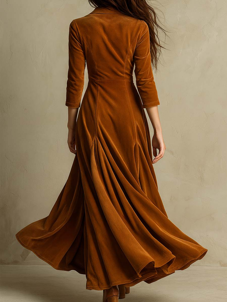 Miranda | Abito lungo in velluto elegante retro marrone con colletto