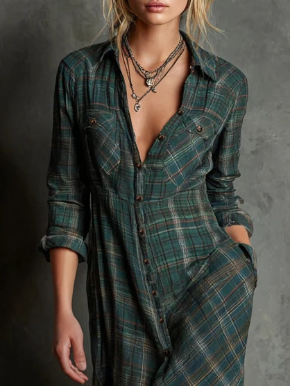 Ivetta | Abito lungo a camicia con colletto a quadri verdi