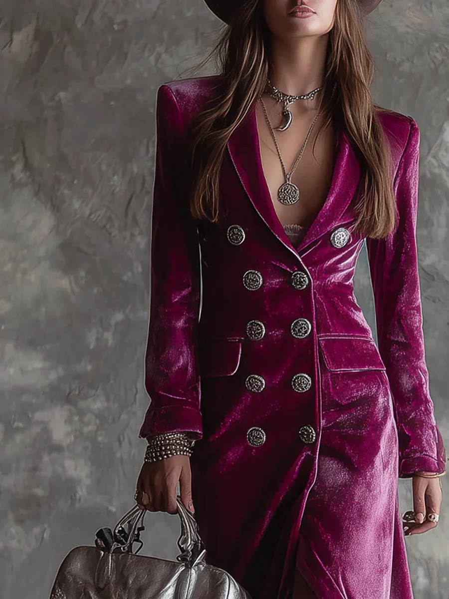 Silvia | Abito Blazer Lungo Maxi in Velluto Viola