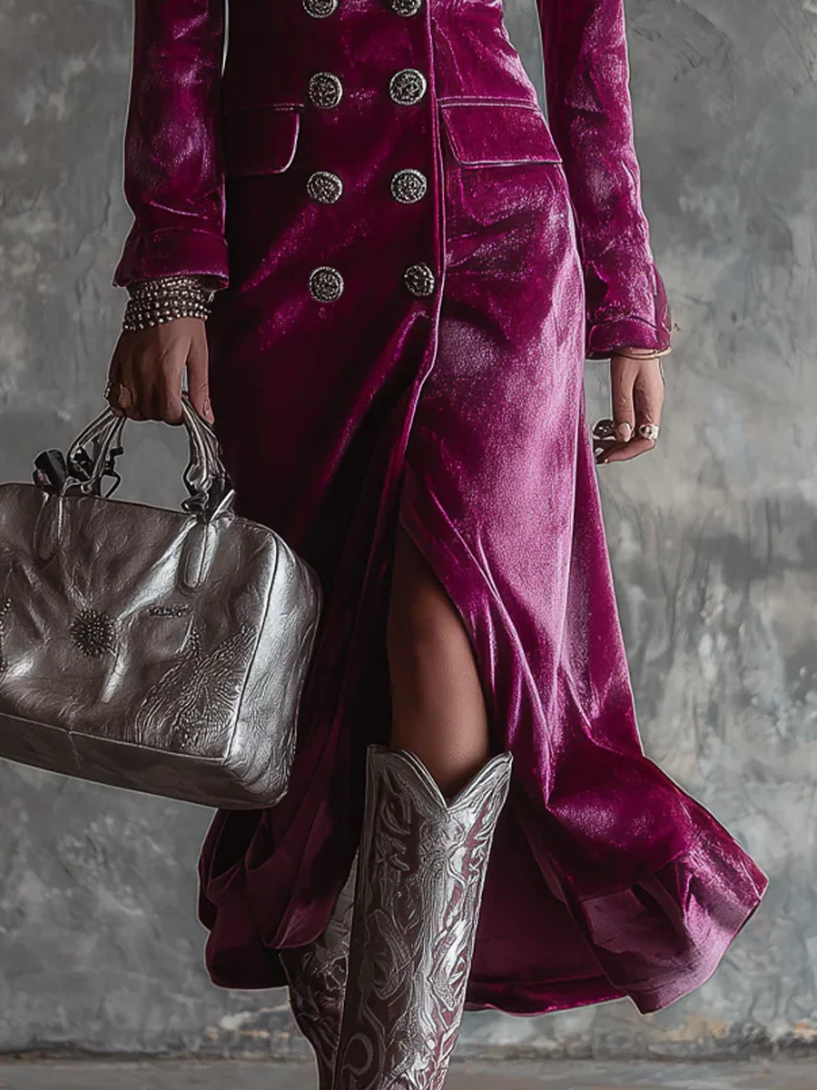 Silvia | Abito Maxi Blazer Lungo in Velluto Viola