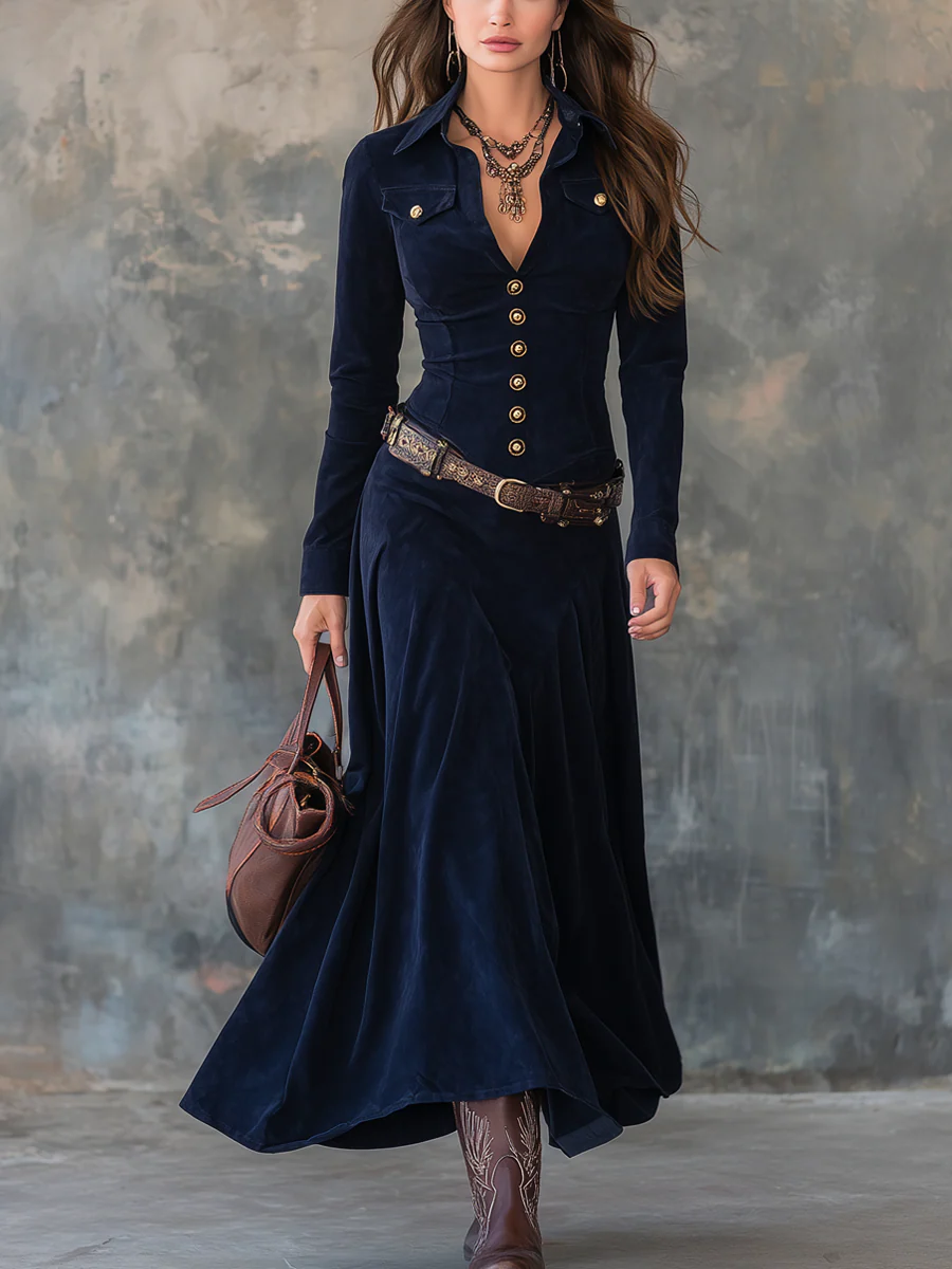 Greta | Vestito Maxi in Camoscio con Bottoni