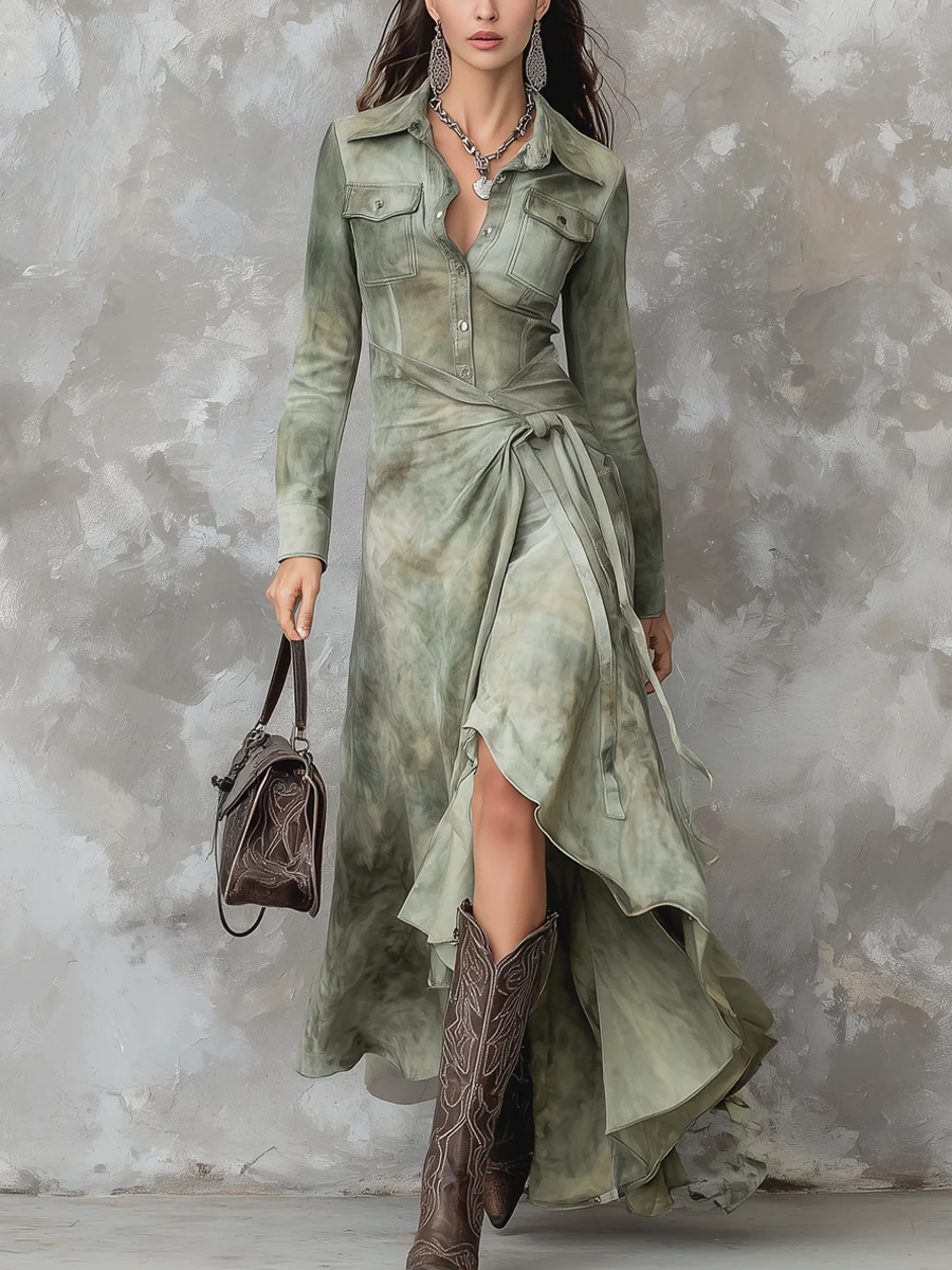 Caterina | Abito lungo aderente con tasche tie-dye verde salvia vintage
