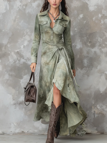 Caterina | Vestito Maxi Slim con Tasche in Tie-Dye Verde Salvia Vintage