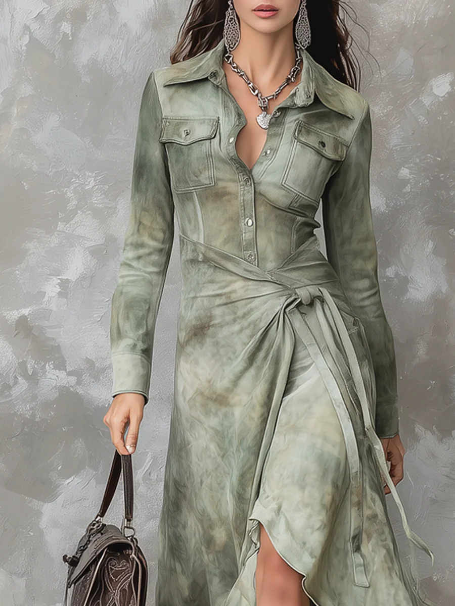 Caterina | Vestito Maxi Slim con Tasche in Tie-Dye Verde Salvia Vintage