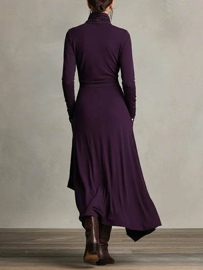 Mariangela | Vestito Maxi Plissettato Asimmetrico Viola con Collo Alto (Collana non inclusa)