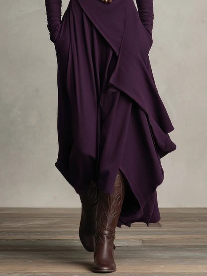 Mariangela | Vestito Maxi Plissettato Asimmetrico Viola con Collo Alto (Collana non inclusa)