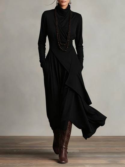 Mariangela | Vestito Maxi Plissettato Asimmetrico Viola con Collo Alto (Collana non inclusa)