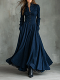 Milva | Abito Maxi in Finta Pelle Suede Blu Scuro con Collo Camicia e Pizzo