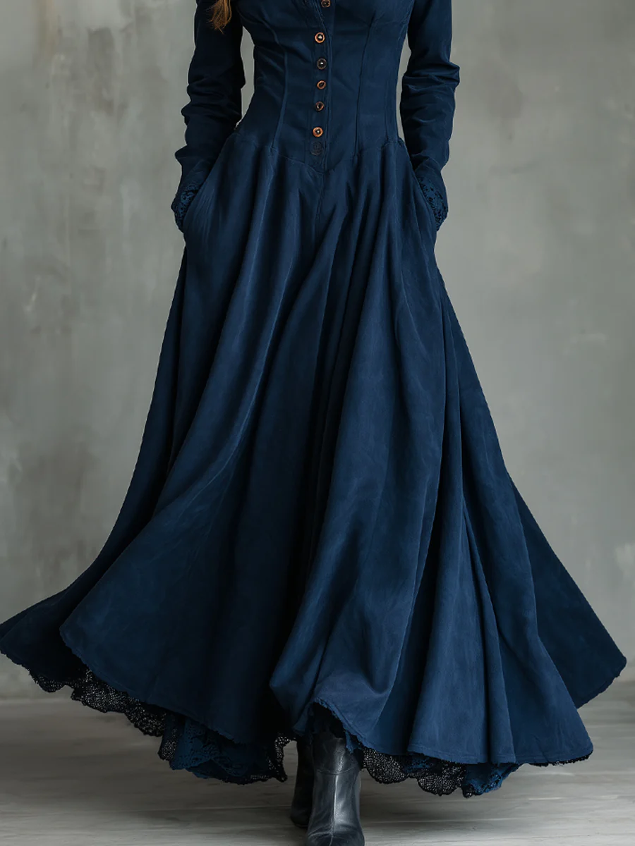 Milva | Abito Maxi in Finta Pelle Suede Blu Scuro con Collo Camicia e Pizzo