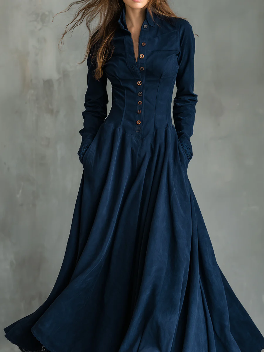 Milva | Abito Maxi in Finta Pelle Suede Blu Scuro con Collo Camicia e Pizzo