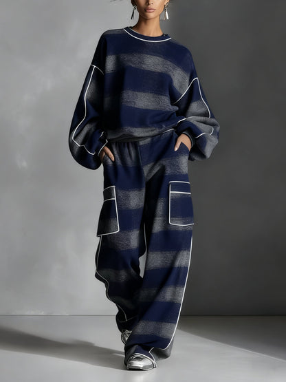 Paula | Felpa a righe blu e grigie con pantaloni casual in set di due pezzi