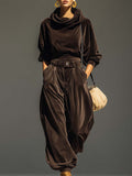 Micaella | Set vintage in velluto marrone con felpa e pantaloni larghi (cintura inclusa)