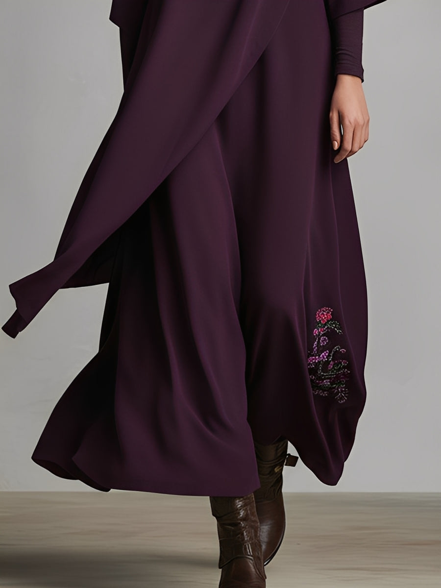 Cinzia | Abito Maxidress Elegante in Jersey di Cotone Mistoe Plum con Drappeggio e Ricami