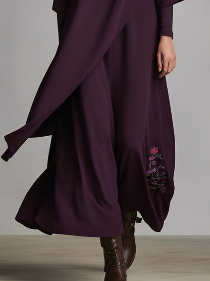 Cinzia | Abito Maxidress Elegante in Jersey di Cotone Mistoe Plum con Drappeggio e Ricami