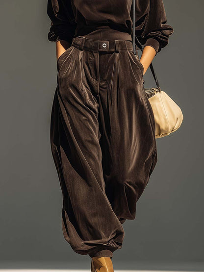 Micaella | Set di felpa in velluto marrone vintage e pantaloni larghi (Include cintura)