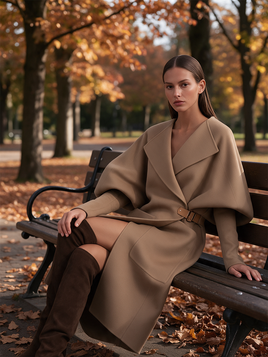 Sara | Cappotto lungo in lana con collo a revers oversize, maniche a sbuffo, cintura in pelle con fibbia e tasche a toppa