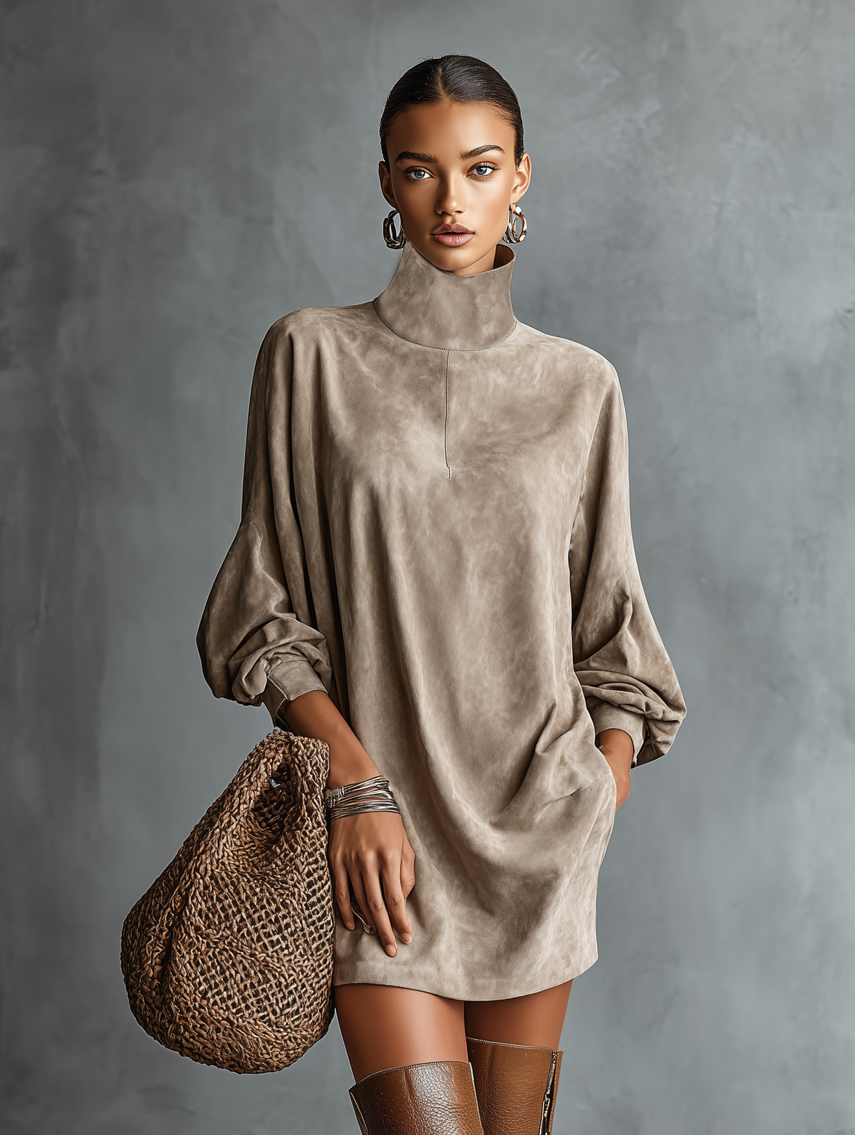 Samaria | Abito Mini in Finta Pelle Suede con Collo Alto e Vestibilità Larga per Donne