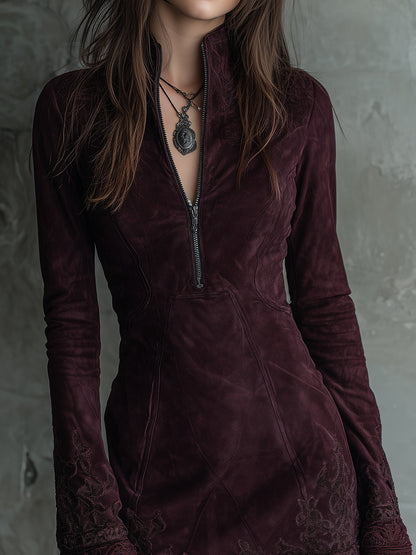 Luisa | Mini Abito in Suede Vintage con Ricamo e Pizzo