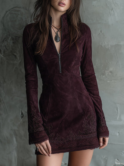 Luisa | Mini Abito in Suede Vintage con Ricamo e Pizzo