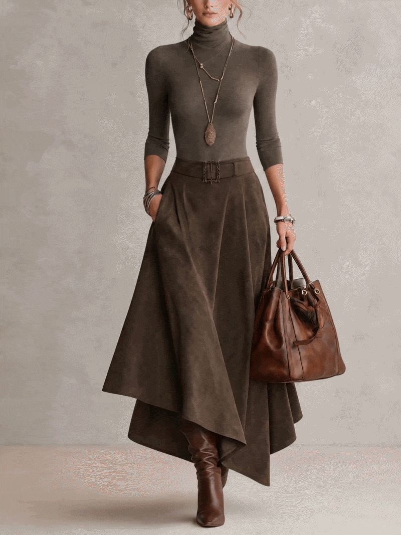 Francesca | Completo color taupe in maglia a collo alto e gonna asimmetrica effetto camoscio