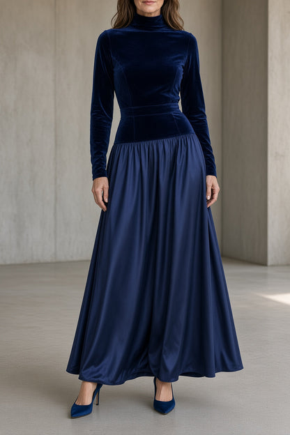 Violetta | Abito Maxi in Velluto con Collo Alto, Blu Navy