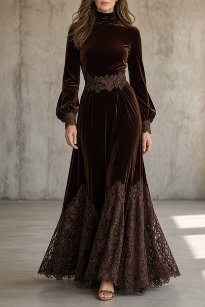 Monica | Abito Maxi in Velluto con Pizzo, Marrone
