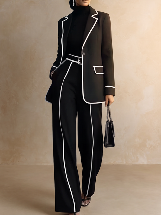 Clementina | Completo Blazer e Pantalone con Profili a Contrasto, Nero