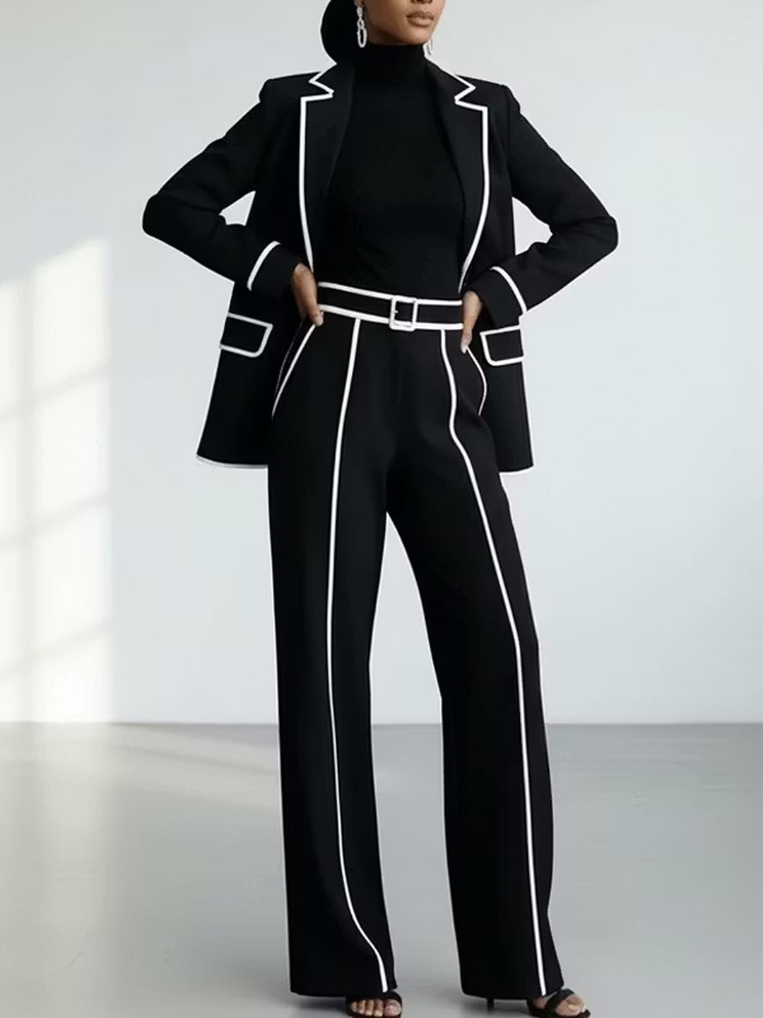 Clementina | Completo Blazer e Pantalone con Profili a Contrasto, Nero